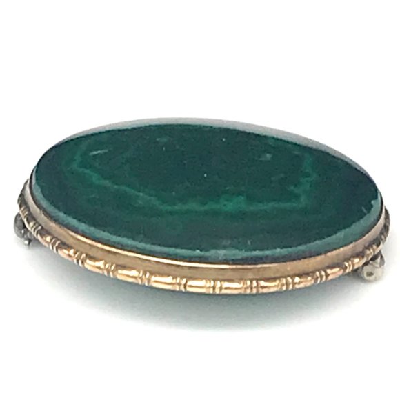 Vintage Malachite Stone Brooch set in 10K Yellow Gold Ornate Frame, Boho Chic - Picture 5 of 7